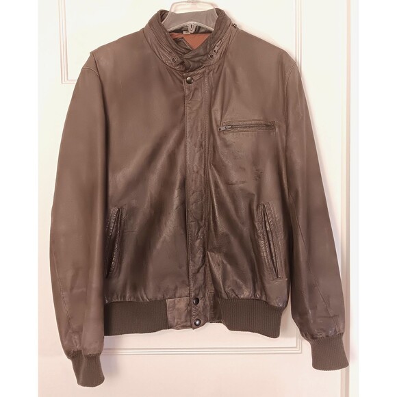 Vtg Leather Jacket Men L Brown Bomber Full Zip Aviator Flight Racer Biker 90s - Picture 1 of 10
